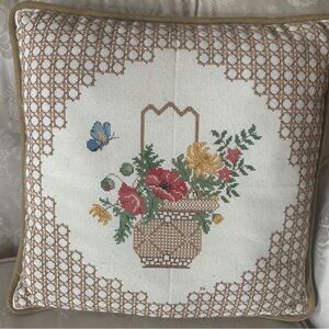 Vintage Floral Basket Butterfly Embroidered Throw Pillow 15”x14”